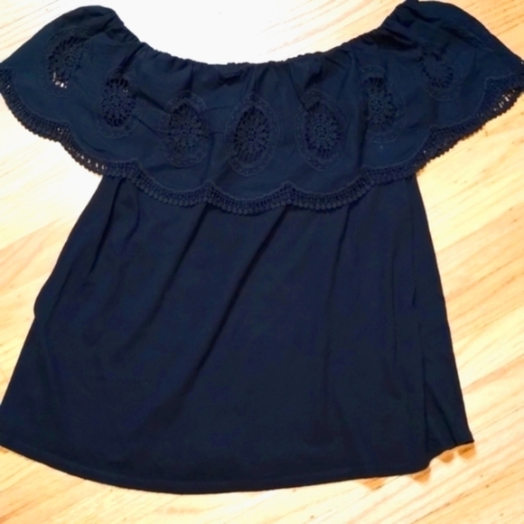 Loft 100% cotton boho black eyelet off the shoulder pullover top Sz S - Picture 1 of 8